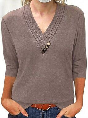 Lightweight V Neck Tunic Top Blouse with 3/4 Length Sleeves